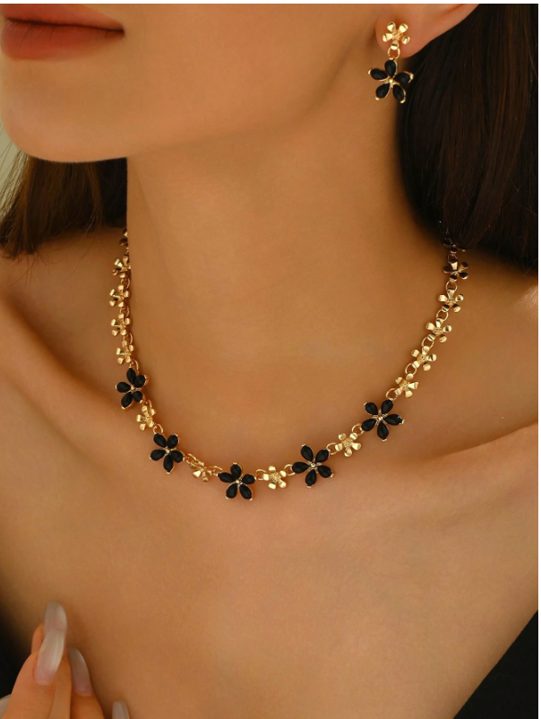 1 Set Fashion Minimalist Versatile Geometric 3D Floral Inlaid Black Water Drop Acrylic Pendant Neckl