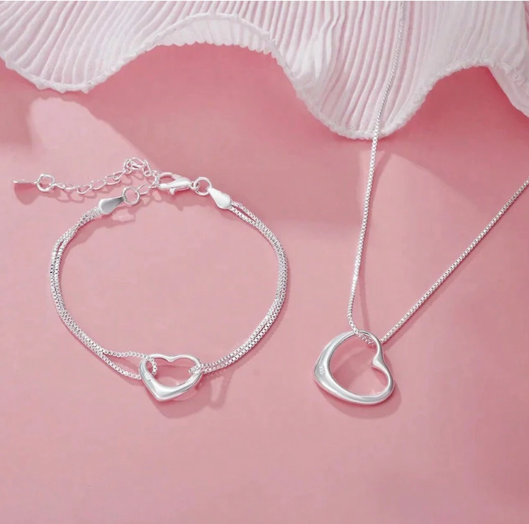 2Pcs Fashion Elegant 925 Sterling Silver Plated Heart Bracelets Necklaces Set