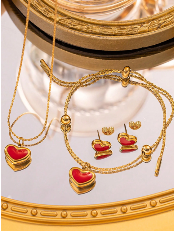 VceTd 1 Set Romantic Heart-Shaped Pendant Stainless Steel Women's Jewelry Set, Suitable For Women To