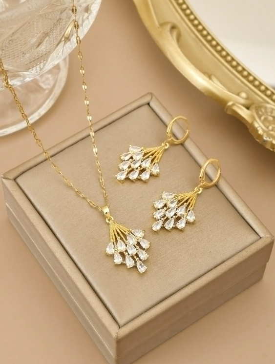 1pc Fashion Cubic Zirconia Flower Stainless Steel Women's Necklace, 1 Pair Fashion Cubic Zirconia Fl