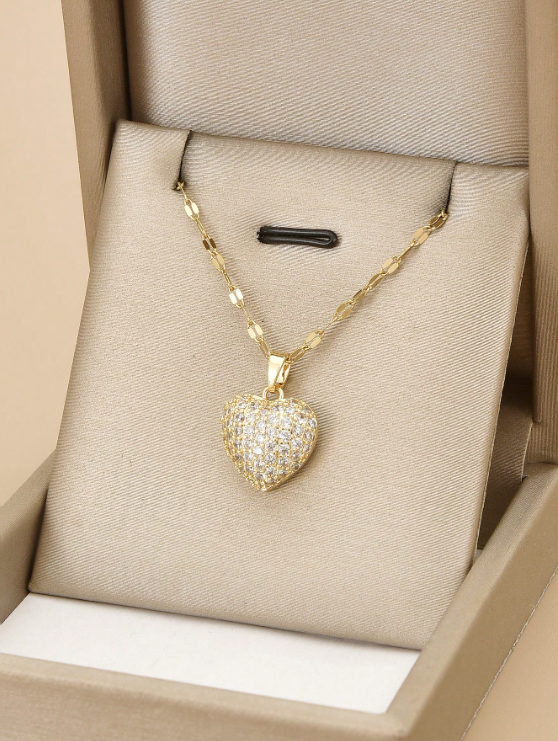 1pc Luxury Fully Rhinestone Heart Stainless Steel Necklace For Women, 1 Pair Luxury Fully Rhinestone